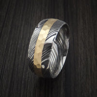 Kuro Damascus Steel and Hammered 14k Yellow Gold Band Custom Made