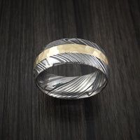 Kuro Damascus Steel and Hammered 14k Yellow Gold Band Custom Made