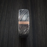 Kuro Damascus Steel Ring with 14k Rose Gold Vertical Inlay Custom Made Band