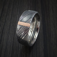Kuro Damascus Steel Ring with 14k Rose Gold Vertical Inlay Custom Made Band