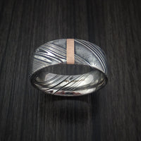 Kuro Damascus Steel Ring with 14k Rose Gold Vertical Inlay Custom Made Band