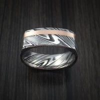 Kuro Damascus Steel Square Ring with 14k Rose Gold Inlay Custom Made Band