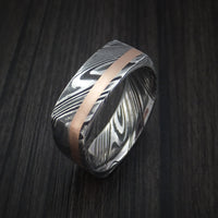 Kuro Damascus Steel Square Ring with 14k Rose Gold Inlay Custom Made Band