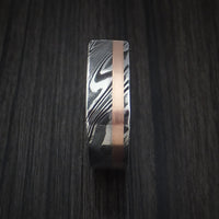 Kuro Damascus Steel Square Ring with 14k Rose Gold Inlay Custom Made Band
