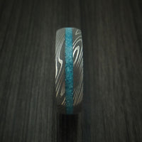 Damascus Steel and Turquoise Band with Wood Sleeve Custom Made Ring
