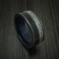 Black Titanium Dinosaur Bone and Gibeon Meteorite Ring with Wood Sleeve Custom Made Fossil Band