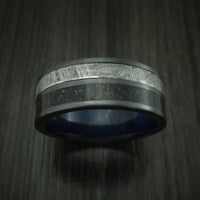 Black Zirconium Dinosaur Bone and Gibeon Meteorite Ring with Wood Sleeve Custom Made Fossil Band