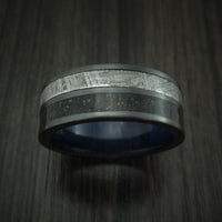 Black Titanium Dinosaur Bone and Gibeon Meteorite Ring with Wood Sleeve Custom Made Fossil Band
