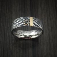 Kuro Damascus Steel Ring with 14k Rose Gold and Black Diamond Custom Made Band