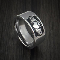 Titanium Celtic Irish Claddagh Cerakote Ring Hands Clasping a Heart Band Carved