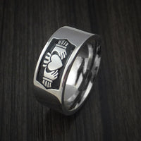 Titanium Celtic Irish Claddagh Cerakote Ring Hands Clasping a Heart Band Carved