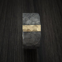 Damascus Steel Wide Ring with Hammer Finish and Vertical 14k Yellow Gold Inlay Custom Made Band