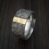 Damascus Steel Wide Ring with Hammer Finish and Vertical 14k Yellow Gold Inlay Custom Made Band