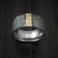 Damascus Steel Wide Ring with Hammer Finish and Vertical 14k Yellow Gold Inlay Custom Made Band