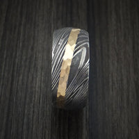 Kuro Damascus Steel Ring and 14k Yellow Gold Hammered Wedding Band Genuine Craftsmanship Custom Made