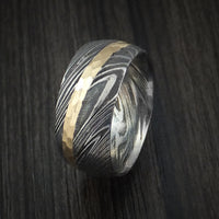 Kuro Damascus Steel Ring and 14k Yellow Gold Hammered Wedding Band Genuine Craftsmanship Custom Made