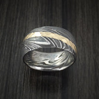 Kuro Damascus Steel Ring and 14k Yellow Gold Hammered Wedding Band Genuine Craftsmanship Custom Made