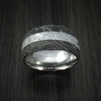Gibeon Meteorite in Hammered Damascus Steel Wedding Band