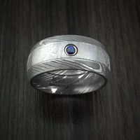 Damascus Steel and Gibeon Meteorite Ring with Sapphire set in Gold Custom Made Band