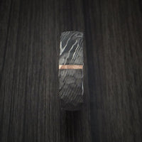 Damascus Steel Ring with Rock Hammer Finish and Vertical 14k Rose Gold Inlay Custom Made Band