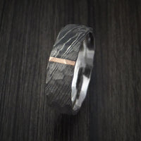 Damascus Steel Ring with Rock Hammer Finish and Vertical 14k Rose Gold Inlay Custom Made Band