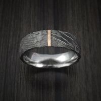 Damascus Steel Ring with Rock Hammer Finish and Vertical 14k Rose Gold Inlay Custom Made Band