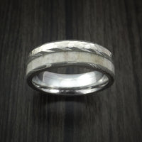 Damascus Steel with Hammered 14k White Gold and Antler Custom Made Ring