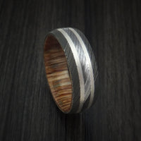 Damascus Steel Ring with Silver Inlays and Teak Hardwood Sleeve