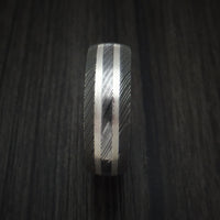 Damascus Steel Ring with Silver Inlays and Teak Hardwood Sleeve