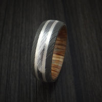 Damascus Steel Ring with Silver Inlays and Teak Hardwood Sleeve