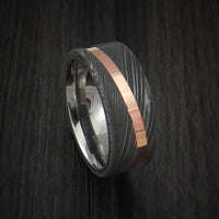 Damascus Steel Ring with Angled Copper Inlay and Titanium Sleeve Custom Made Band