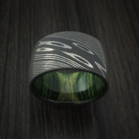 Damascus Steel Ultra Wide Band Custom Made Ring with Jade Wood Sleeve