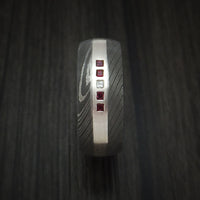 Damascus Steel Band with 4 Rubies and Diamond Set into a Silver Inlay Custom Made Ring