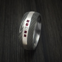 Damascus Steel Band with 4 Rubies and Diamond Set into a Silver Inlay Custom Made Ring