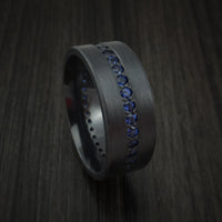 Black Zirconium Ring with Eternity Channel Set Sapphires Custom Made Thin Blue Line Band
