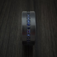 Black Zirconium Ring with Eternity Channel Set Sapphires Custom Made Thin Blue Line Band