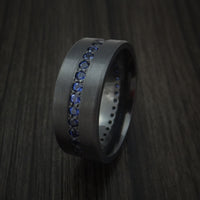 Black Zirconium Ring with Eternity Channel Set Sapphires Custom Made Thin Blue Line Band