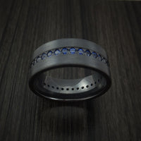 Black Zirconium Ring with Eternity Channel Set Sapphires Custom Made Thin Blue Line Band