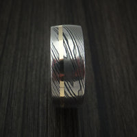 Damascus Steel and 14k Yellow Gold Band Custom Made with Teak Hardwood Sleeve
