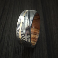 Damascus Steel and 14k Yellow Gold Band Custom Made with Teak Hardwood Sleeve
