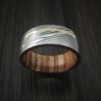 Damascus Steel and 14k Yellow Gold Band Custom Made with Teak Hardwood Sleeve