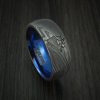 Damascus Steel Band with Anodized Titanium Sleeve and Custom Elk Engraving Hunter's Band
