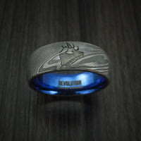Damascus Steel Band with Anodized Titanium Sleeve and Custom Elk Engraving Hunter's Band