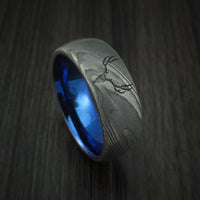 Damascus Steel Band with Anodized Titanium Sleeve and Custom Buck Engraving Hunter's Band