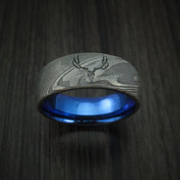 Damascus Steel Band with Anodized Titanium Sleeve and Custom Buck Engraving Hunter's Band