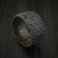 Damascus Steel Tree Bark Carved Ring with Walnut Hardwood Custom Made Band