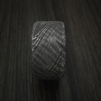 Damascus Steel Tree Bark Carved Ring with Walnut Hardwood Custom Made Band