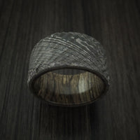 Damascus Steel Tree Bark Carved Ring with Walnut Hardwood Custom Made Band