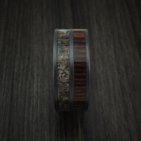 Black Zirconium Ring with Red Heart Hardwood and Antler Inlays Custom Made Band