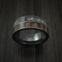 Black Zirconium Ring with Red Heart Hardwood and Antler Inlays Custom Made Band